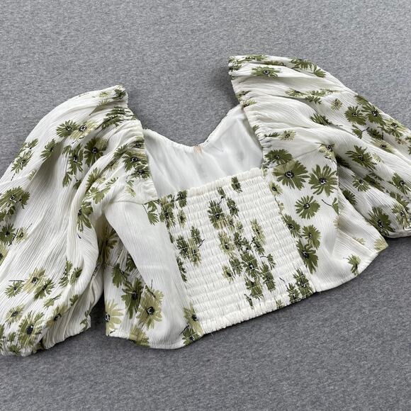 Abercrombie & Fitch Top Womens S Floral Puff Sleeve Crop Green White Crinkle - Picture 9 of 16